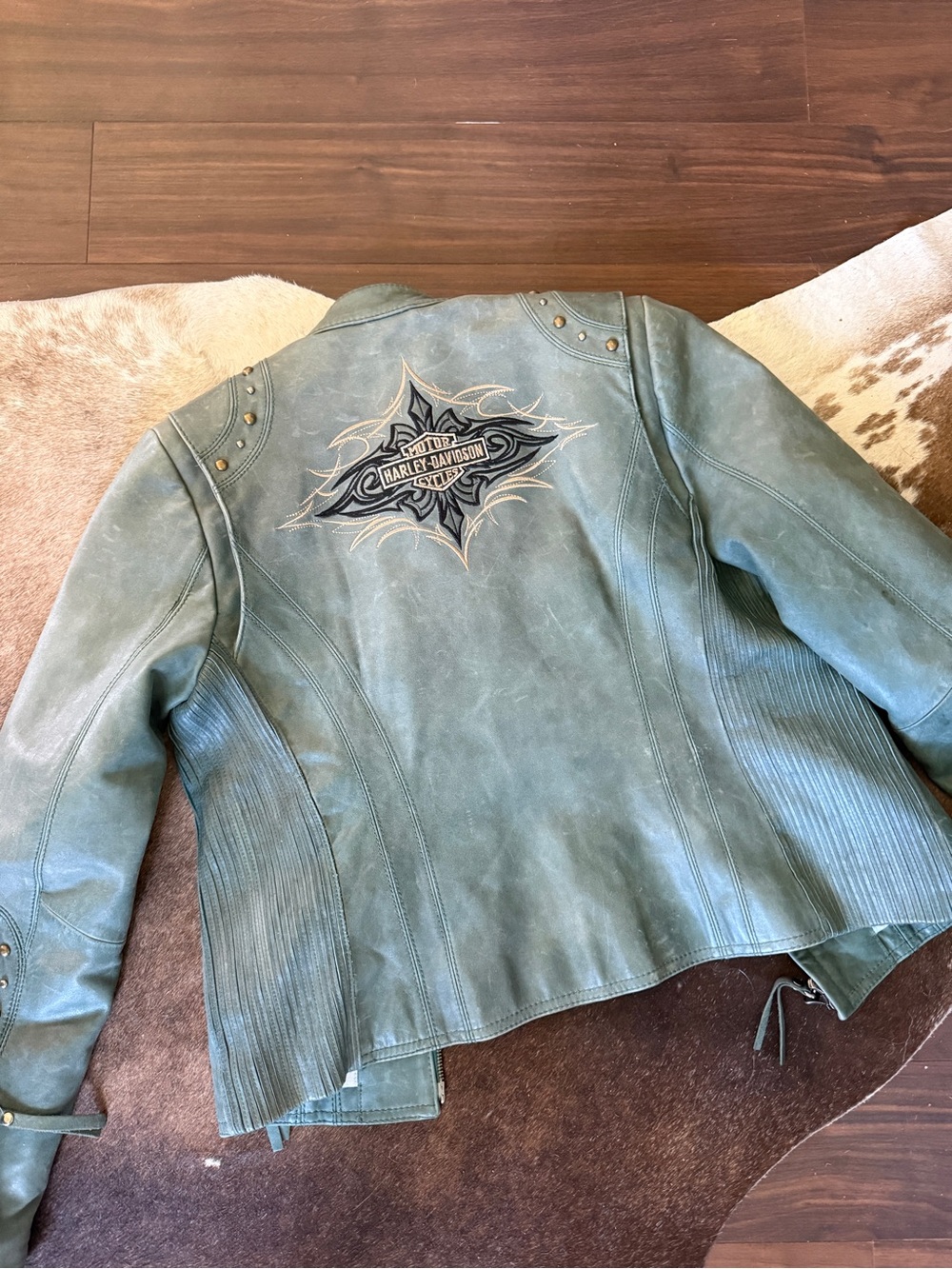 Harley-Davidson Women's Teal-Green Leather Riding Jacket Small